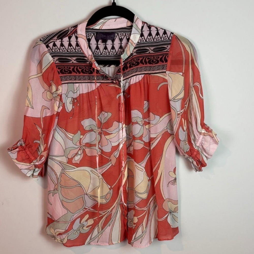 Hale Bob Womens 100% Silk Red Floral Button up Half Sleeve Sheer Blouse sz Small